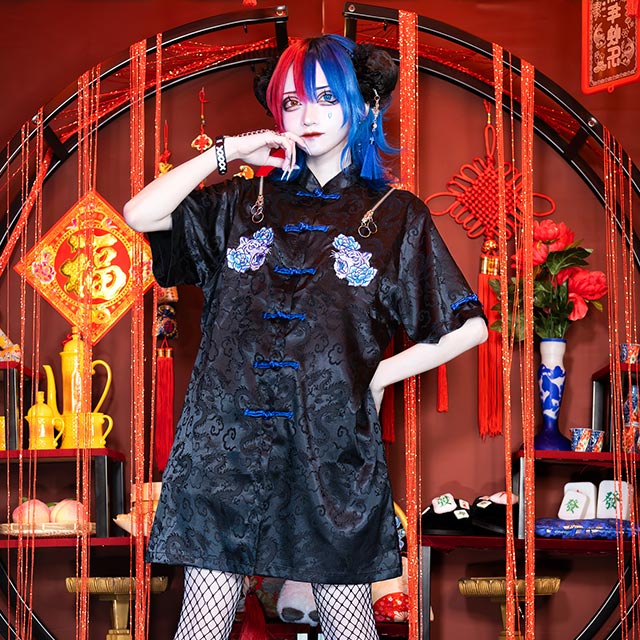 【新品未使用】LISTEN FLAVOR 麗しの薔薇チャイナパーカー　売り切れ ドラゴン インヤンチャイナパーカー【BLACK×RED】｜LISTEN
