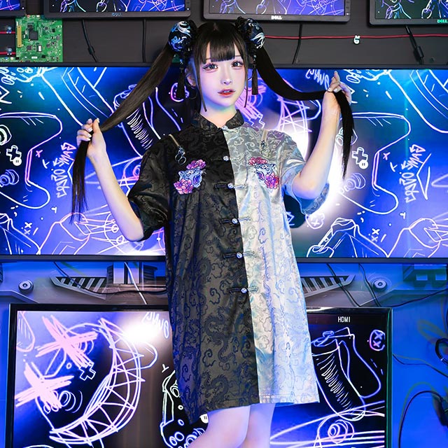 [APPAREL]/リッスンフレーバー/虎と牡丹のチャイナシャツ BLACK (F) ゴスロリ・パンク/LISTEN FLAVOR 虎と牡丹のチャイナシャツ【BLACK】｜LISTEN FLAVOR(リッスン