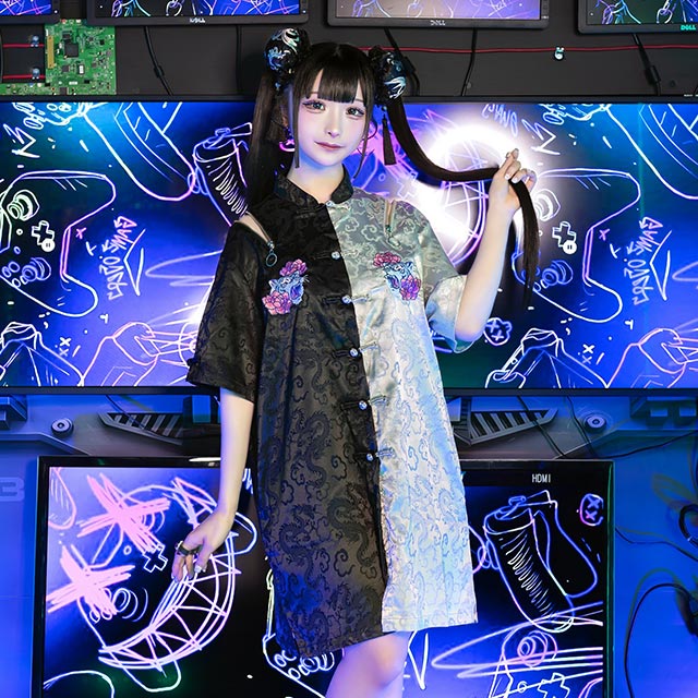 虎と牡丹のチャイナシャツ【BLACK】｜LISTEN FLAVOR(リッスン