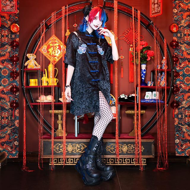 LISTEN FLAVOR　リッスンフレーバー　虎と牡丹 の チャイナシャツ 黒 虎と牡丹のチャイナシャツ【BLACK】｜LISTEN FLAVOR(リッスン