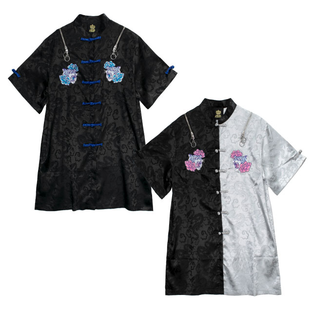 虎と牡丹のチャイナシャツ【BLACK】｜LISTEN FLAVOR(リッスン