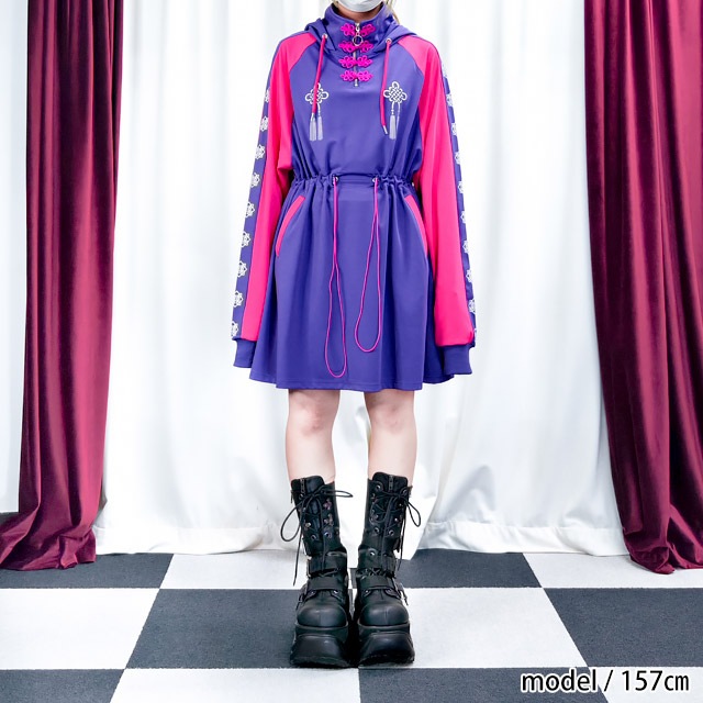 招福シュアンシー チャイナジャージワンピ【BLACK×BLUE