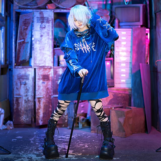 切り裂きスラッシュ2wayベロアパーカー【BLUE】｜LISTEN FLAVOR