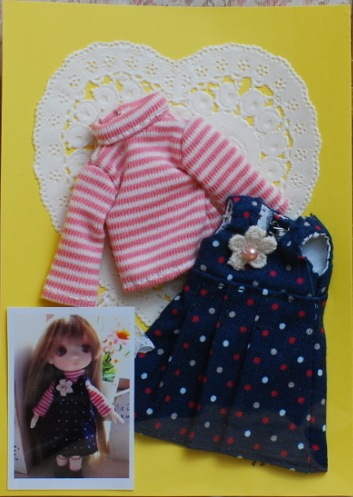 コロちゃんサイズ　ボーダーカットソー＆紺ドットジャンパスカート　レースパンツ付　/まるしぇらぱん・ハンドメイド