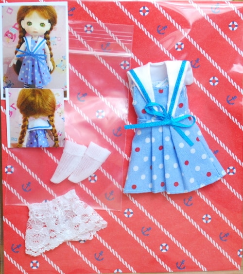 まるしぇらぱん☆ハンドメイド　オビツ11ｃｍサイズ　セーラーワンピセット　水色ドット　/H2705-ma003