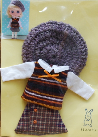 　【ハンドメイド】　カットソー＆スカートセット　（茶系　白ブラウス）　/おでこちゃん・ミディブライスサイズ　【まるしぇらぱん】H2810ma002