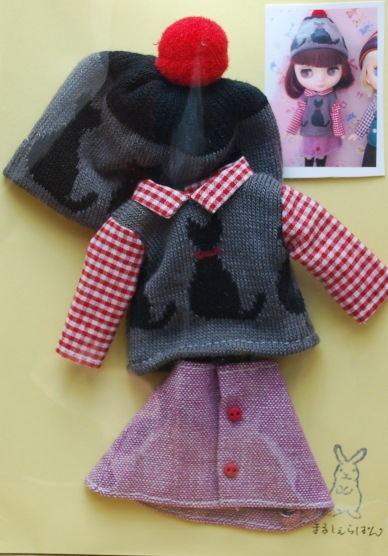 　【ハンドメイド】　カジュアル　おでこちゃん　ボックススカートセット　猫柄　/おでこちゃんサイズ　【まるしぇらぱん】H2811-D003