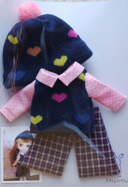 【ハンドメイド】　　カジュアル　おでこちゃん　ガウチョパンツセット（ハート帽子・チェック）　/おでこちゃんサイズ　【まるしぇらぱん】H2811-D004