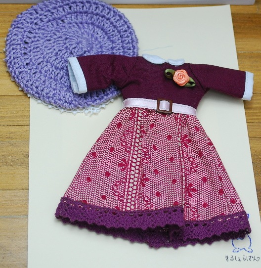 【ハンドメイド】【まるしぇらぱん】　でこニキ・ミディブライスサイズ 長袖ワンピースセット　ボルドー H2909ｍ003