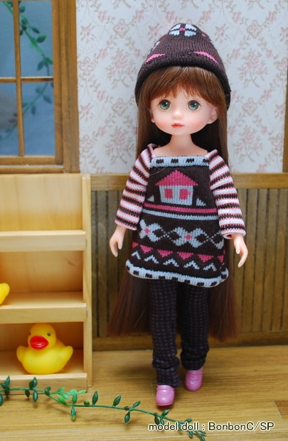 【まるしぇらぱん*ハンドメイド】　BonbonC Dollサイズ　カジュアル　チュニック・スパッツセット　（ピンク×ブラウン）/20cmドールサイズ　/H291027-01