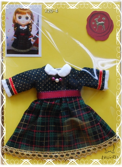【まるしぇらぱん*ハンドメイド】　クリスマスワンピース グリーンチェック　【X20-4】　　/でこニキ・ミディ・BonbonC（20cmドールクラス）　/H2912X20-4
