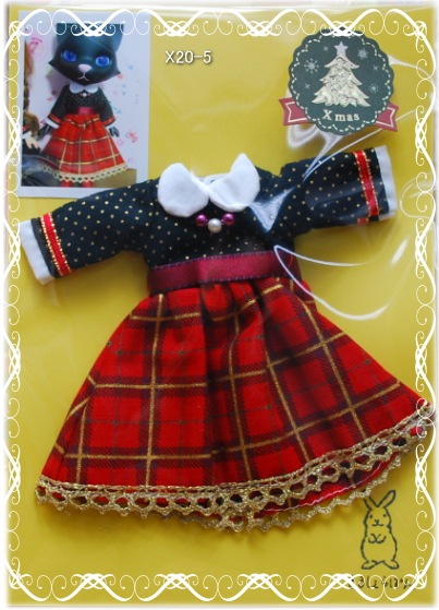 【まるしぇらぱん*ハンドメイド】　クリスマスワンピース　赤チェック　【X20-5】　　/でこニキ・ミディ・BonbonC（20cmドールクラス）　/H2912X20-5