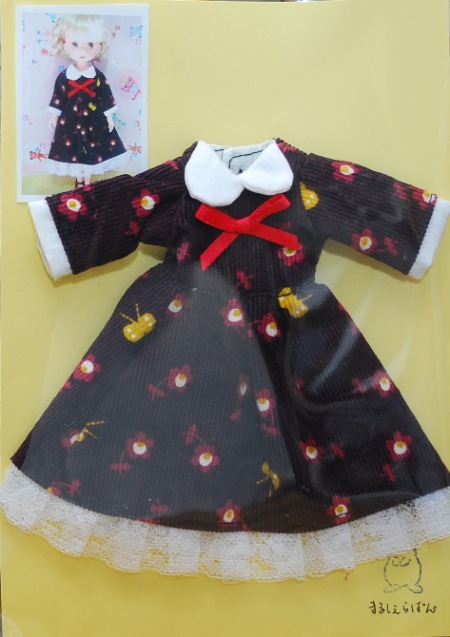 【ハンドメイド/まるしぇらぱん】　でこニキ・ミディブライス・BonbonCサイズ　コーデュロイ赤茶系長袖ワンピース　小花＆蝶　　H300103