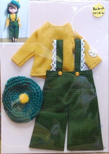 （売り切れました）　　【ハンドメイド/まるしぇらぱん】 カジュアル/カットソー&サロペットセット　（帽子付き）　からしグリーン　【BonbonC/おでこちゃんサイズ】　mB005