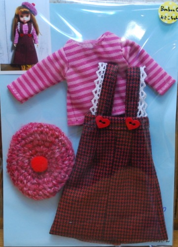 【ハンドメイド/まるしぇらぱん】 カジュアル/カットソー&サロペットセット　（帽子付き）　ピンクボーダー　【BonbonC/おでこちゃんサイズ】　mB006