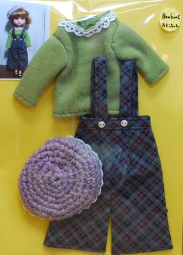 （売切）　　【ハンドメイド/まるしぇらぱん】 カジュアル/カットソー&サロペットセット　（帽子付き）　ダークグリーン×パープル　【BonbonC/おでこちゃんサイズ】　mB007