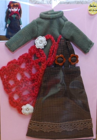 （売切）　　【ハンドメイド/まるしぇらぱん】 カジュアル/カットソー&サロペットセット　（赤バブーシュカ）　茶スカート　【BonbonC/おでこちゃんサイズ】　mB009