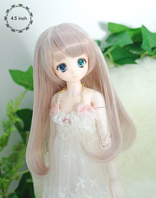 【4．5インチ】　ドール用ウィッグ　ナチュラルロングワンカール　（ライトパープルシルバー（ドーンピンク）