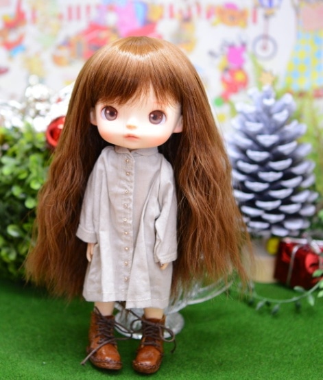 【7.5インチ】　ドール用ウィッグ　ゆるロングウェーブ　ナチュラルブラウン