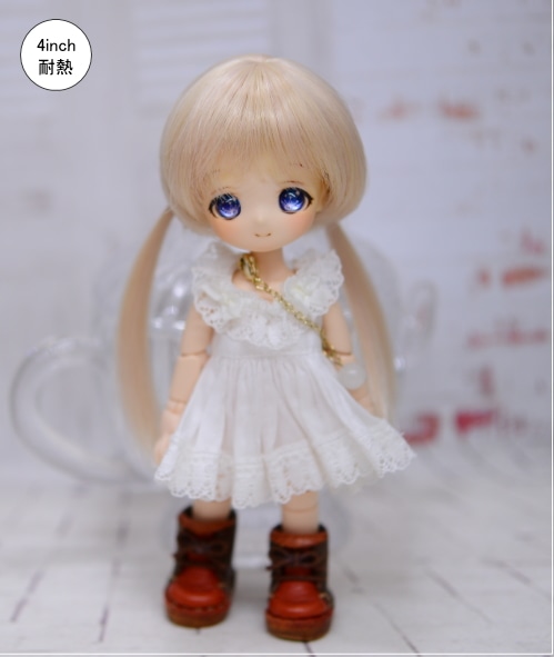 　【4インチ】　ドール用ウィッグ　ふたつむすび　ピンクベージュ