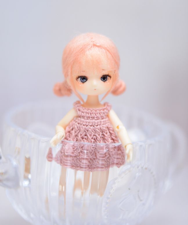 【カスタムドール】メイク付ミゼットカスタムドール　手編みワンピ＋お団子ウィッグ　★ピンク★