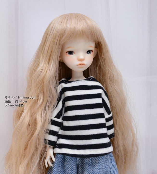 【5.5インチ】　耐熱　ドール用ウィッグ　ゆるふわロング　細三つ編み2本付　/　ミルクティミックス