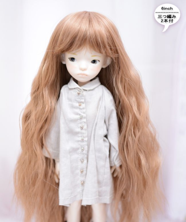 【6インチ】　耐熱　ドール用ウィッグ　ゆるふわロング　細三つ編み2本付　/　ゴールデンオリーブ