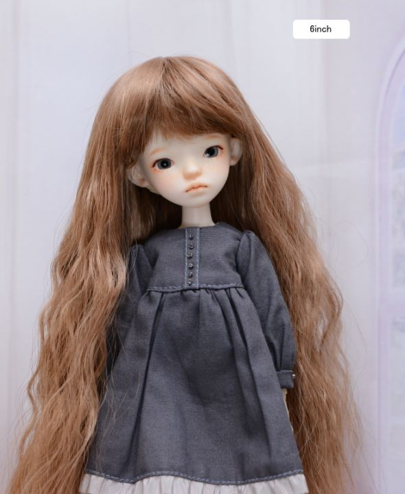 【6インチ】　耐熱　ドール用ウィッグ　ゆるふわロング　細三つ編み2本付　/　ゴールデンオリーブ