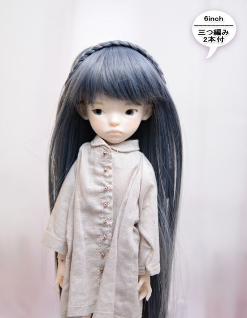 【6インチ】　耐熱　ドール用ウィッグ　ストレートロング　細三つ編み2本付　/　青灰