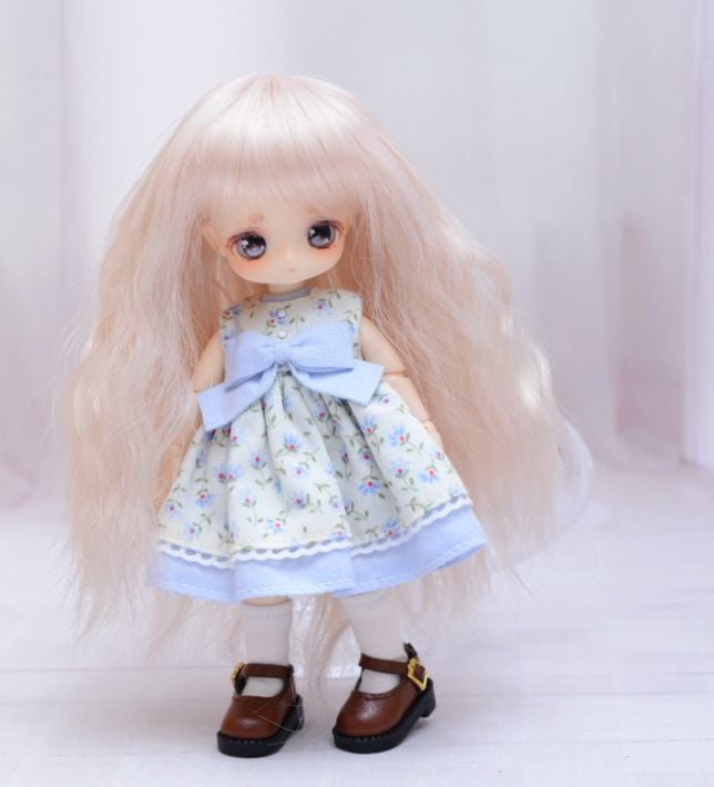 【4インチ】　耐熱　ドール用ウィッグ　ゆるふわロング　細三つ編み2本付　/　ペールピンクミックス