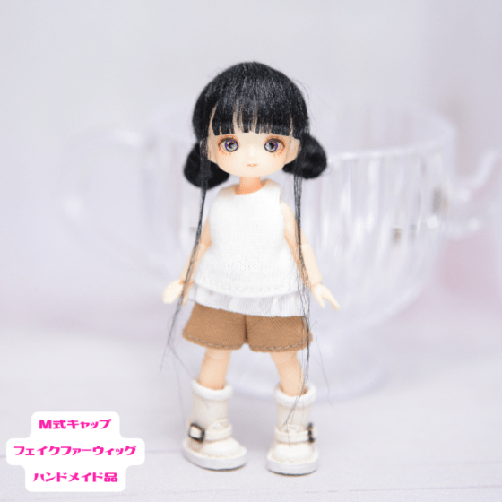 ミゼットドール用　M式キャップフェイクファーウィッグ（ブラック1）　ハンドメイド品/202608