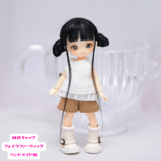 ミゼットドール用　M式キャップフェイクファーウィッグ（ブラック2）　ハンドメイド品/202608