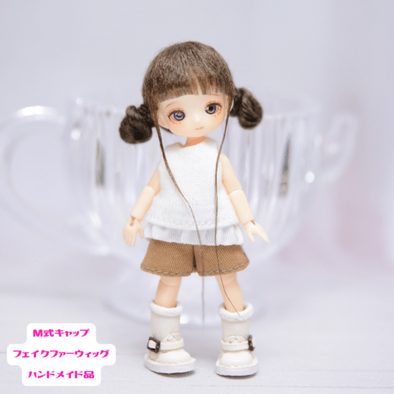 ミゼットドール用　M式キャップフェイクファーウィッグ（ダークブラウン2）　ハンドメイド品/202608