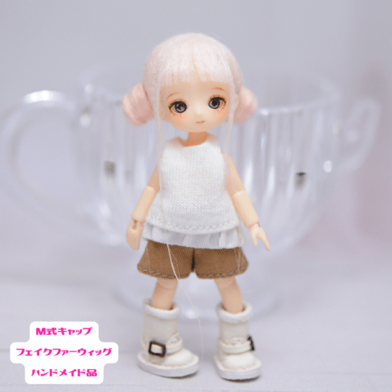 ミゼットドール用　M式キャップフェイクファーウィッグ（ピンク1）　ハンドメイド品/202608
