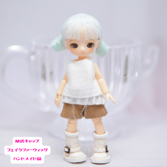 ミゼットドール用　M式キャップフェイクファーウィッグ（ミント1）　ハンドメイド品/202608