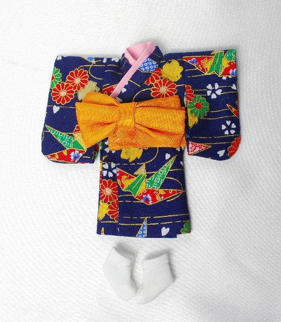 【オビツ11ｃｍ】　きせかえお着物　　簡単ver.　折鶴　紺　（伊達衿：ピンク）　/Toshi　H2412-T03