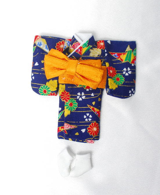 【オビツ11ｃｍ】　きせかえお着物　　簡単ver.　折鶴　紺　（伊達衿：白）　/Toshi　H2412-T02