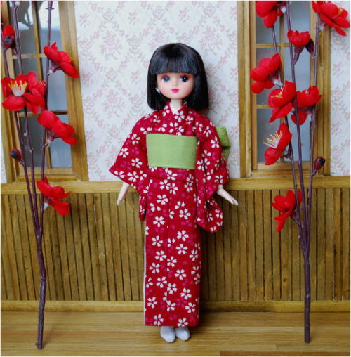 【オビツボディ23ｃｍ用】　きせかえお着物　臙脂さくら　　/Toshi