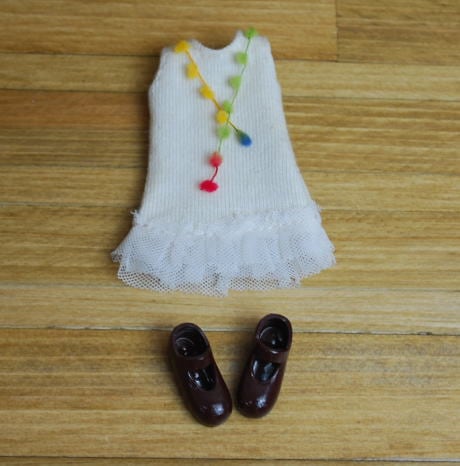 【オビツ11cmサイズ】　裾チュール　アイボリーワンピ+ストラップシューズセット　/sum.