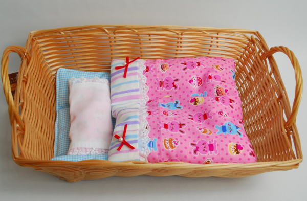 ふわふわドリームセット・かご付　【ピンクうさぎ×ブルーチェック　深かご】　8インチドールサイズ　【まるしぇらぱん】/ma2406-06