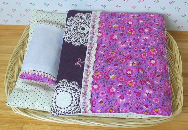 （売切）ふわふわドリームセット・かご付　【パープル小花】　20cmドールサイズ　【まるしぇらぱん】