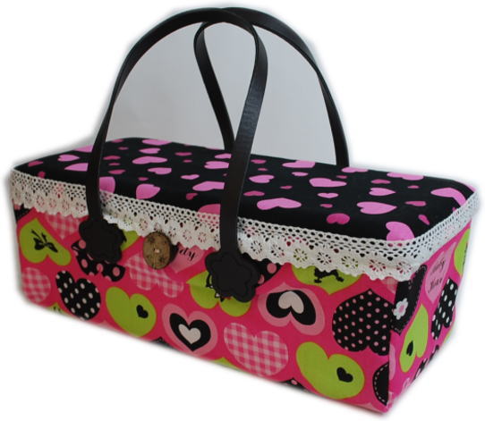 お人形とおでかけバッグ・大　【黒ピンクハート柄】　*22cm～27cmドールサイズ*　/まるしぇ　らぱん