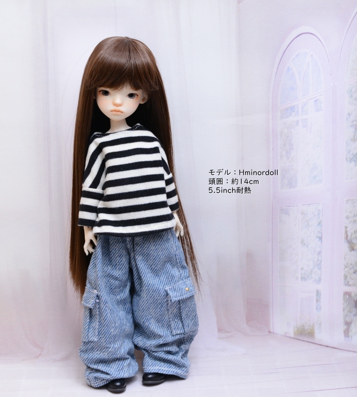 【5.5インチ】　耐熱　ドール用ウィッグ　ストレートロング　細三つ編み2本付　/　ショコラブラウン