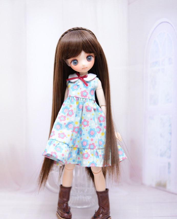 【5.5インチ】　耐熱　ドール用ウィッグ　ストレートロング　細三つ編み2本付　/　ショコラブラウン