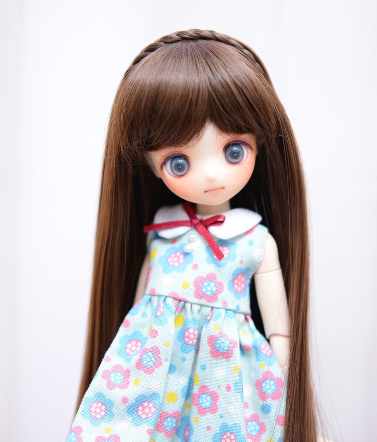 【5.5インチ】　耐熱　ドール用ウィッグ　ストレートロング　細三つ編み2本付　/　ショコラブラウン