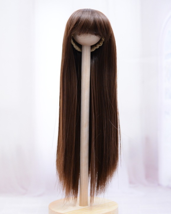 【5.5インチ】　耐熱　ドール用ウィッグ　ストレートロング　細三つ編み2本付　/　ショコラブラウン