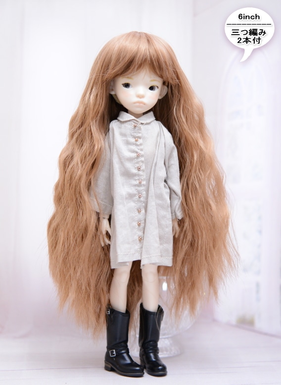 【6インチ】　耐熱　ドール用ウィッグ　ゆるふわロング　細三つ編み2本付　/　ゴールデンオリーブ
