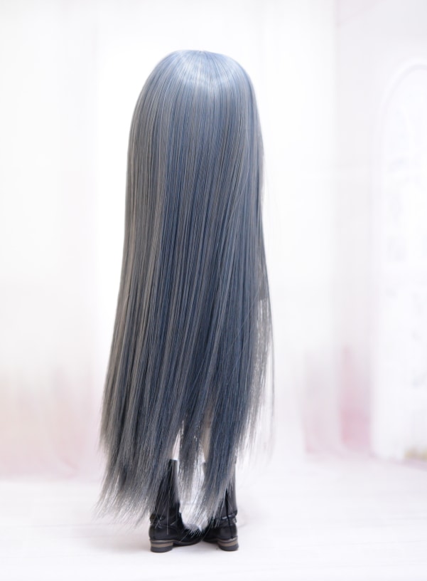 【6インチ】 耐熱 ドール用ウィッグ ストレートロング 細三つ編み2本付 / 青灰