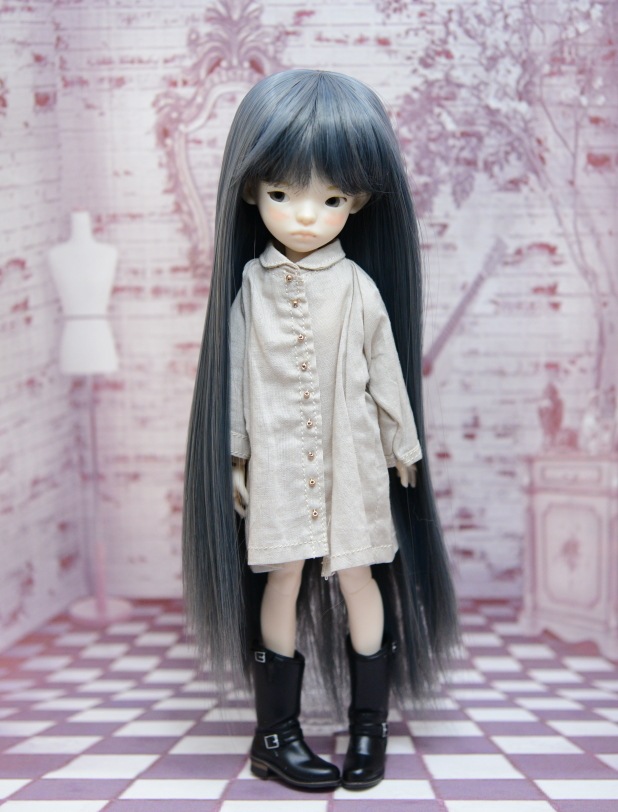 【6インチ】 耐熱 ドール用ウィッグ ストレートロング 細三つ編み2本付 / 青灰