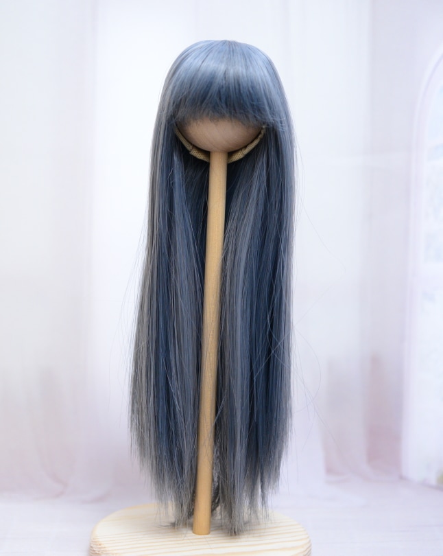 【6インチ】 耐熱 ドール用ウィッグ ストレートロング 細三つ編み2本付 / 青灰